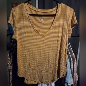 American Eagle Outfitters Mustard Striped V-Neck Tee
